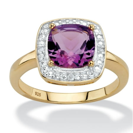 White Gold Genuine Amethyst Ring - 1.82 TCW Genuine Cushion-Cut Purple Amethyst and Diamond Accent Pave-Style Halo Ring in 14k Yellow Gold over Sterling Silver
