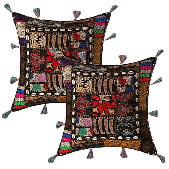 Stylo Culture Indian Chair Seat Throw Pillow Covers 17x17 Black Embroidered Patchwork Cowry Sea Shell Tassels Bohemian 43cm x 43cm Bed Room Cotton Floral Square Cushion Covers | Set Of 2