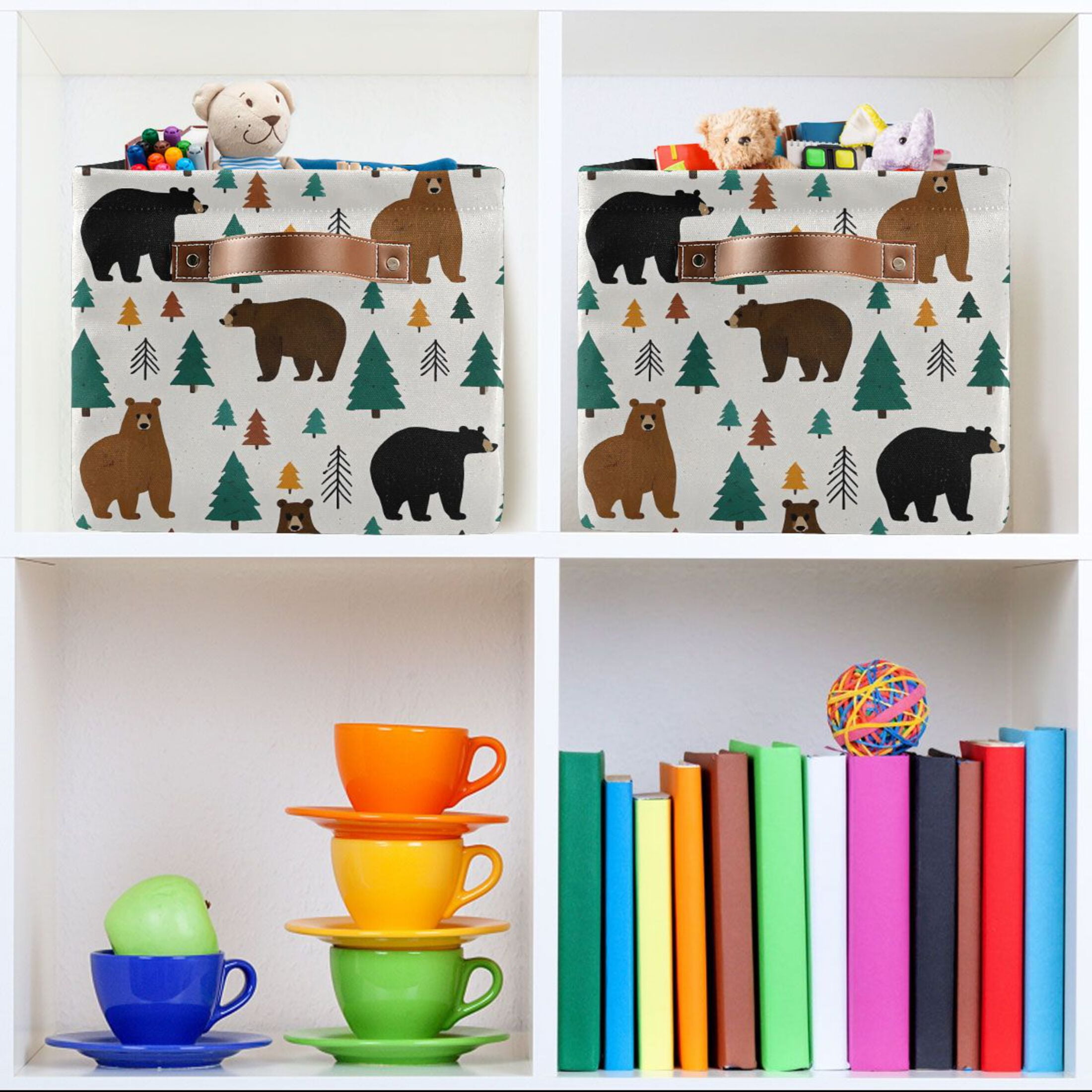 Storage Bins with Handle Fabric Organizer Basket Foldable Box 1 Pack Bear Forest 14.2x10.2x8.3