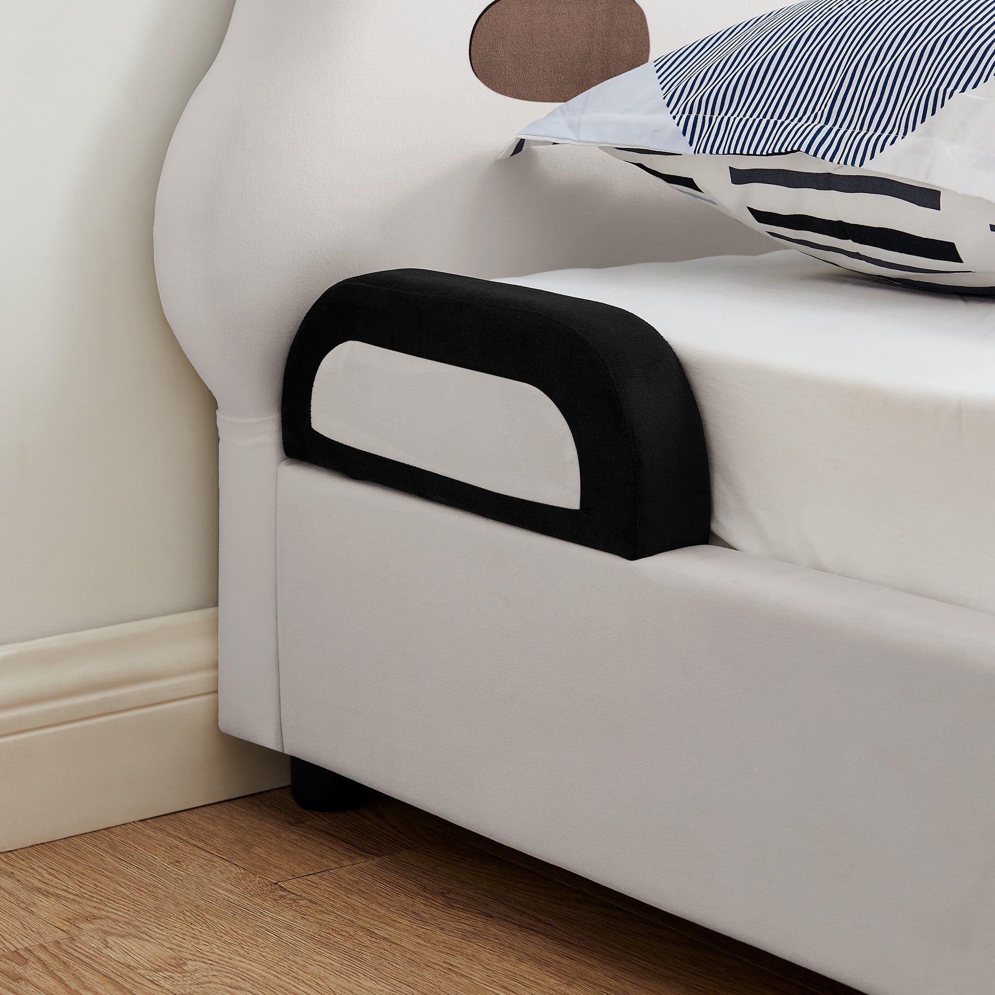 Mintazer Twin Upholstered Platform Bed Frame with Panda Headboard, Kids Velvet Bed for Boys Girls, White & Black