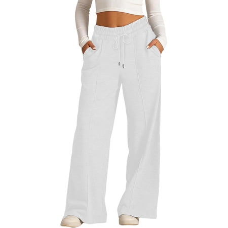 FAVIPT Girls Wide Leg Sweatpants Athletic Boys Cotton Elastic Waist Drawstring Pants Straight Leg Sports Pant with Pockets White 12-13Years