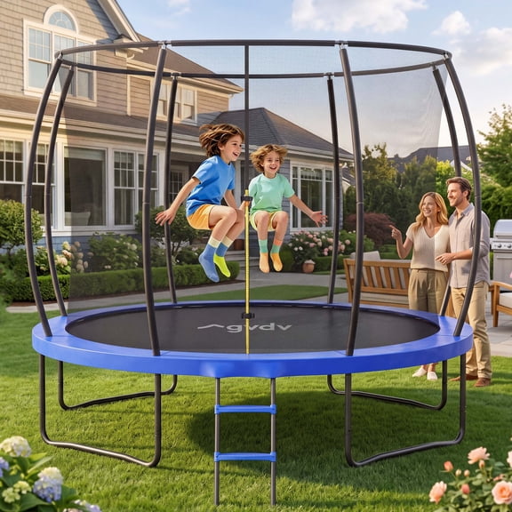 GVDV 10FT Outdoor Trampoline, Backyard Recreational Pumpkin Trampoline with Enclosure for Kids