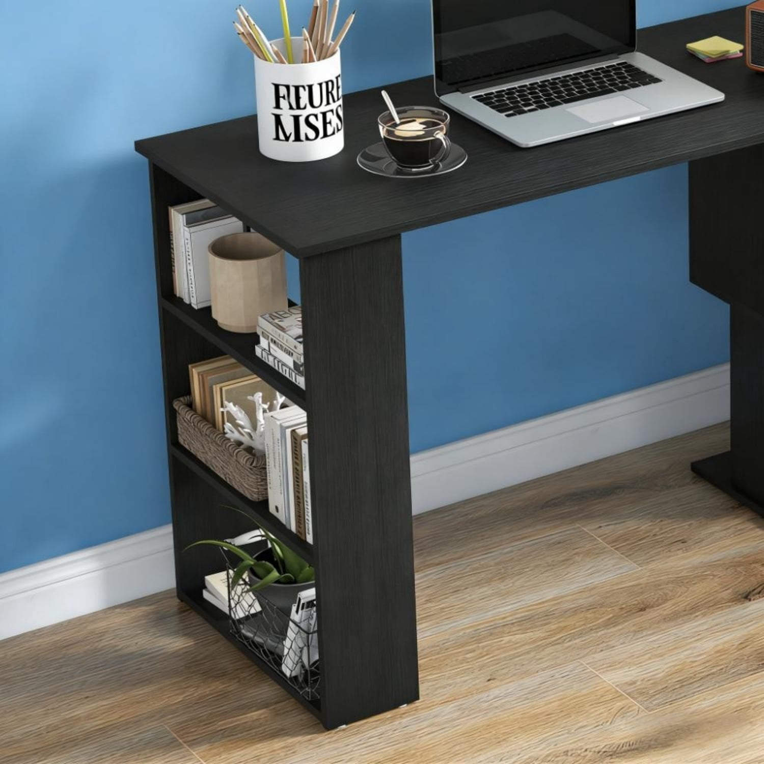 360° Rotating L Shaped Computer Desk, Corner Writing Table with Shelves Storage for Home Office Bedroom Study Gaming Workstation, Black