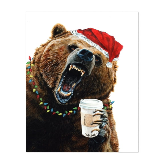 Grizzly Mornings Christmas - Photography Humor Winter Coffee Unframed Wall Art Print 8 x 10 inches