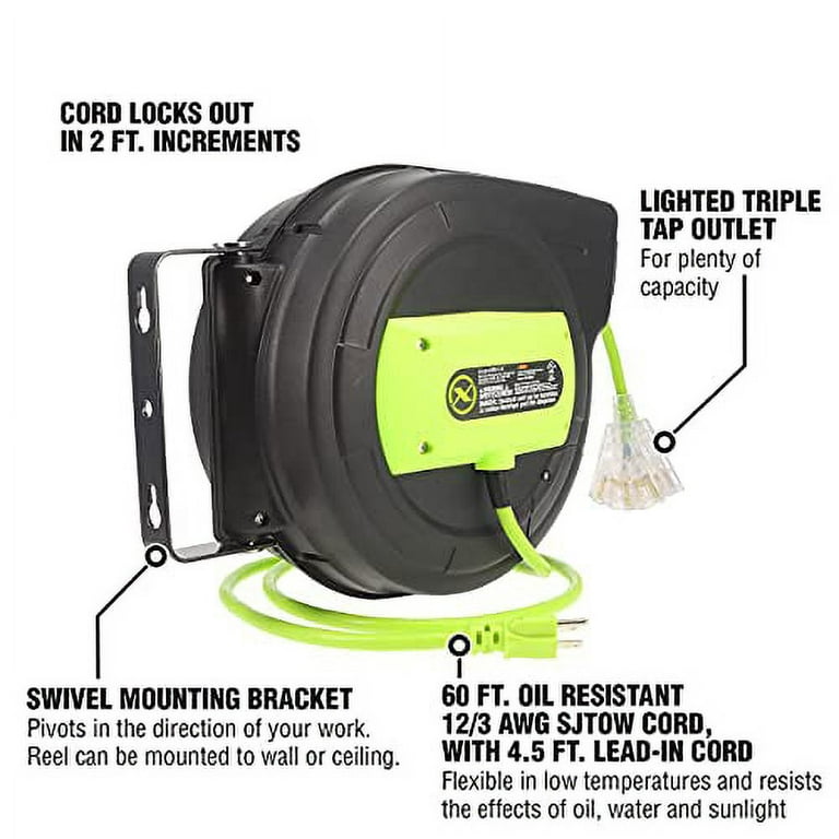 Flexzilla® Pro Retractable Extension Cord Reel, 60', 12/3 AWG SJTOW,  Grounded Triple Tap Outlet, Indoor/Dry Locations, ZillaGreen™