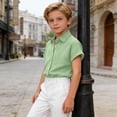 thumbnail image 4 of KyCheLot Boys and Girls Button Shirts Lapel Neck Solid Color Rolled Short Sleeve Shirts Kids Casual Summer Blouses, 4 of 9