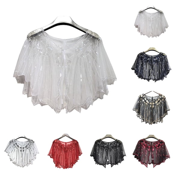CXHEGBEJ Sequin Beaded Shawl Wrap for Women Lightweight Lace Mesh Cape Top Capelets Ponchos Scarf Cover Up For Wedding Party Club Bridal Bridesmaid Black