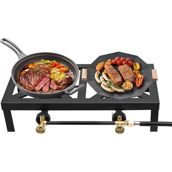 Double Propane Burners for Outdoor Cooking Portable Gas Stove Propane Heater Outdoor Camping Stove with 0-10PSI Adjustable Regulator & Steel Braided Hose for Camping, Home Brewing, Turkey Fry