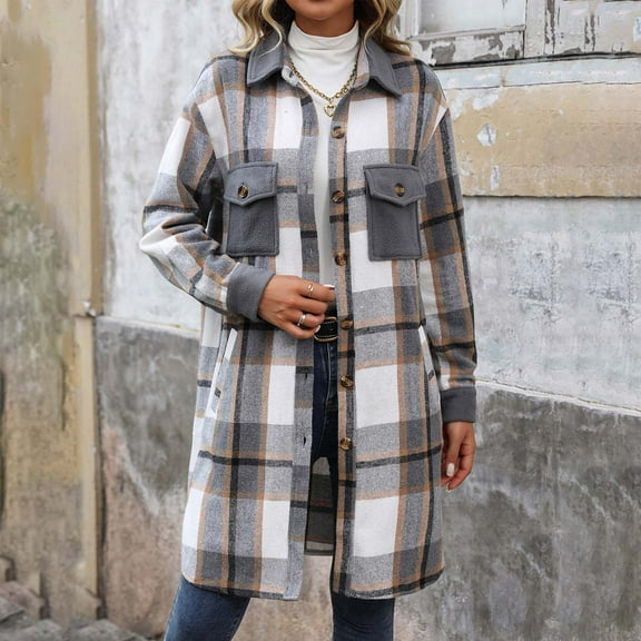 GaThRRgYP Women Wool Blend Trench Coat Cold Weather,Women's Winter Mid-Length Plaid Woolen Coat Brushed Plaid Long Sleeve Cardigan Jacket Gray M