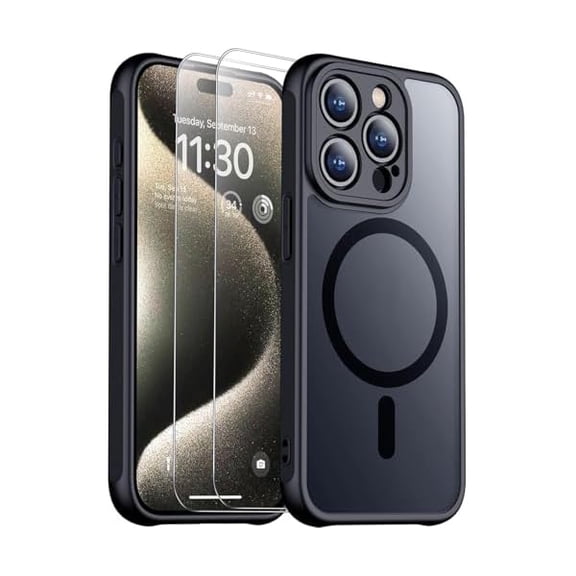Eryueer for iPhone 15 Pro Max Case, Magnetic Translucent Matte Case with 2PCS Tempered Glass Screen Protector Slim Phone Case for iPhone 15 Pro Max 6.7'', Black