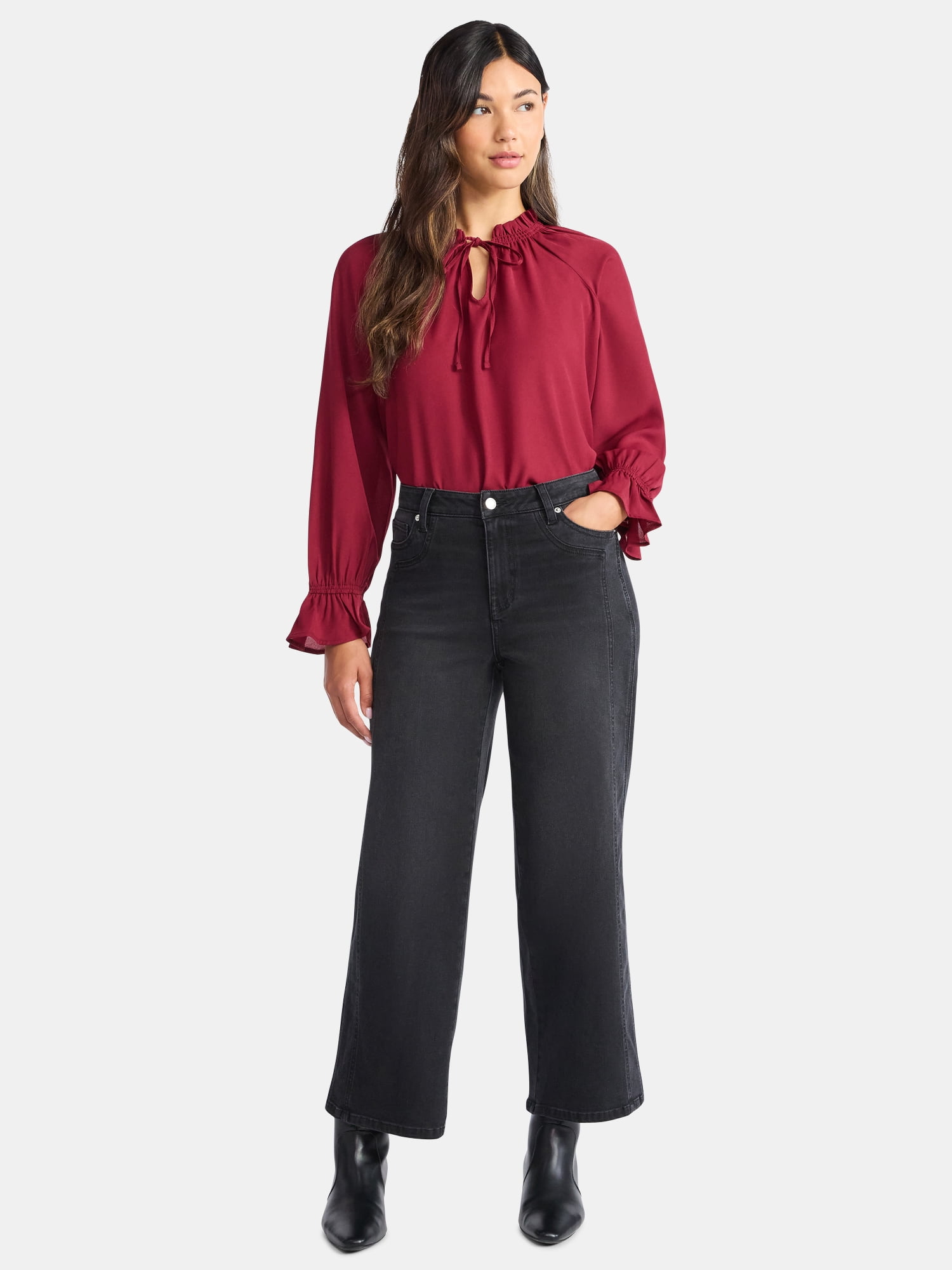Time and Tru Women's Ruffle Neck Blouse with Long Sleeves, Size XS – XXXL