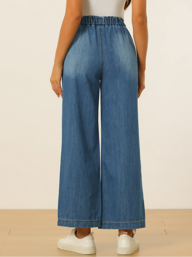【BAON】Waft Washing String Wide Denim Pants Free Shipping! Unique Bargains Women's Baggy Denim Pants