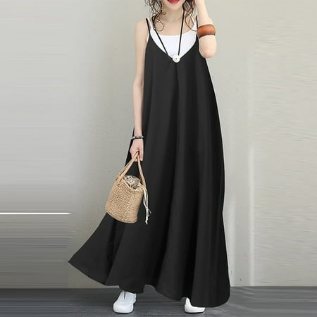 

Inkach Women S Loose Solid Skirt V-Neck Open Back Sexy Suspender Long Dress Party Dress