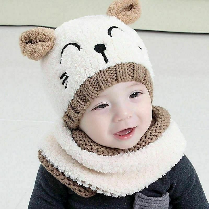 Pink Baby Girls Boys Winter Hat Scarf Earflap Hood Scarves Caps