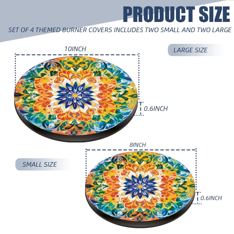 Round Electric Stove Burner Covers for Electric Stove, Boho Colorful Retro Pattern Decorative Metal Gas Stove Burner Covers Set of 4 for Kitchen, 8 Inches and 10 Inches