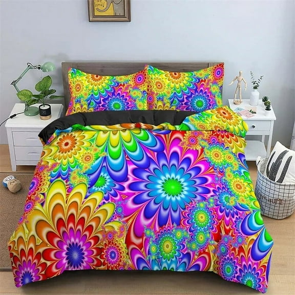 Psychedelic Swirl Duvet Cover Colorful Abstract Geometric Bedding Set Microfiber Bohemia Floral Quilt Cover King For Teens