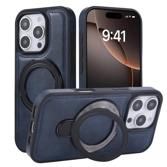for iPhone 11 Magnetic Case with Stand & Ring Holder, Compatible with Mag-Safe Slim PU Leather Durable TPU Drop Proof Kickstand Protective Phone Cover for iPhone 11, Blue