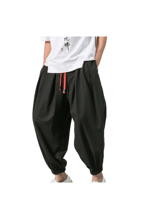 Men's Wide Leg Pants Casual Cotton Lined Tapered Pants Drawstring Waist Closed Bottom Cropped Pants Black