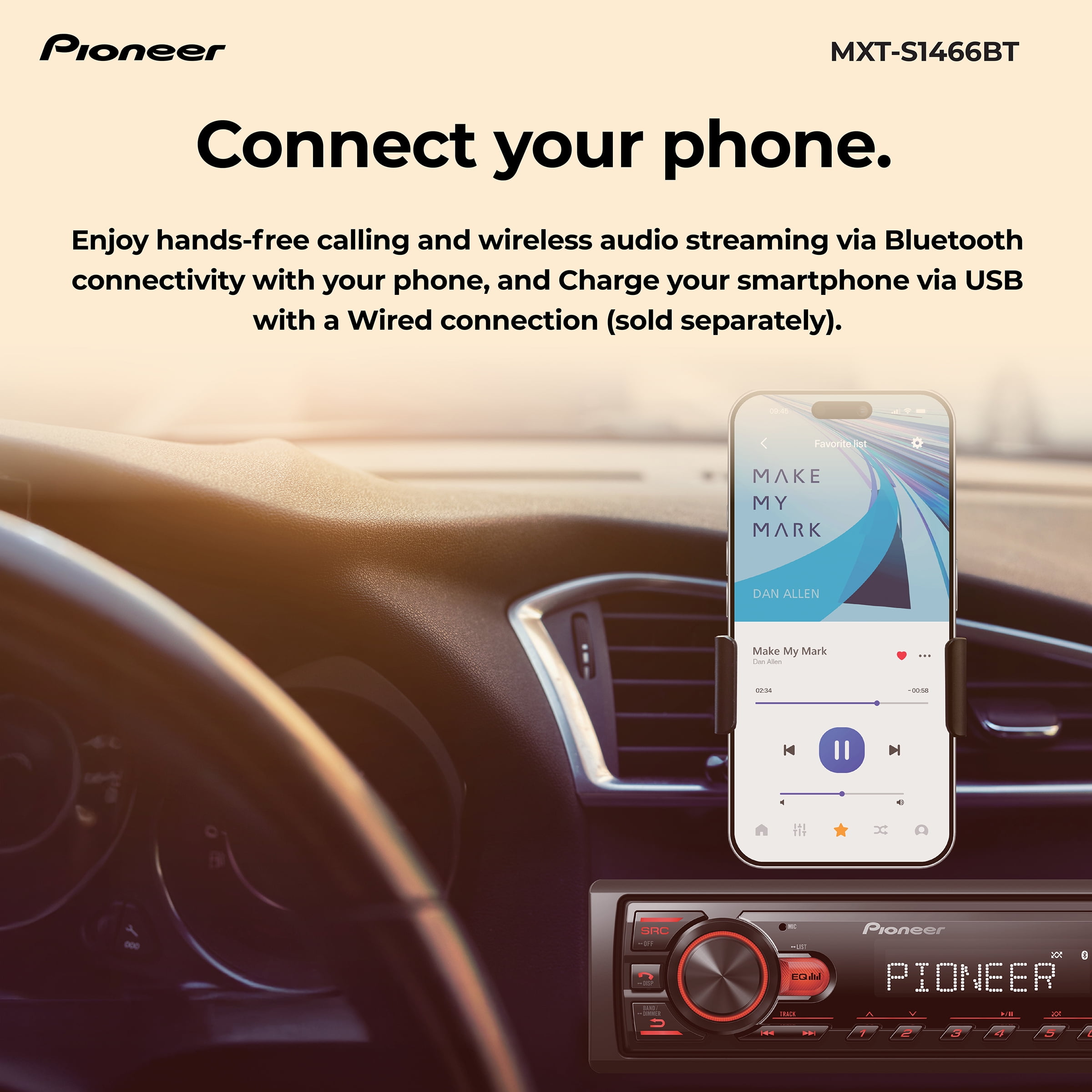 Pioneer MXT-S1466BT Car Audio Stereo Bundle ‒ Bluetooth Head Unit Receiver + (4) 6.5″ 4-Ohm Speakers, 50W x 4 RMS, Hands-Free Calling, USB, AM/FM, Loud Bass Upgrade