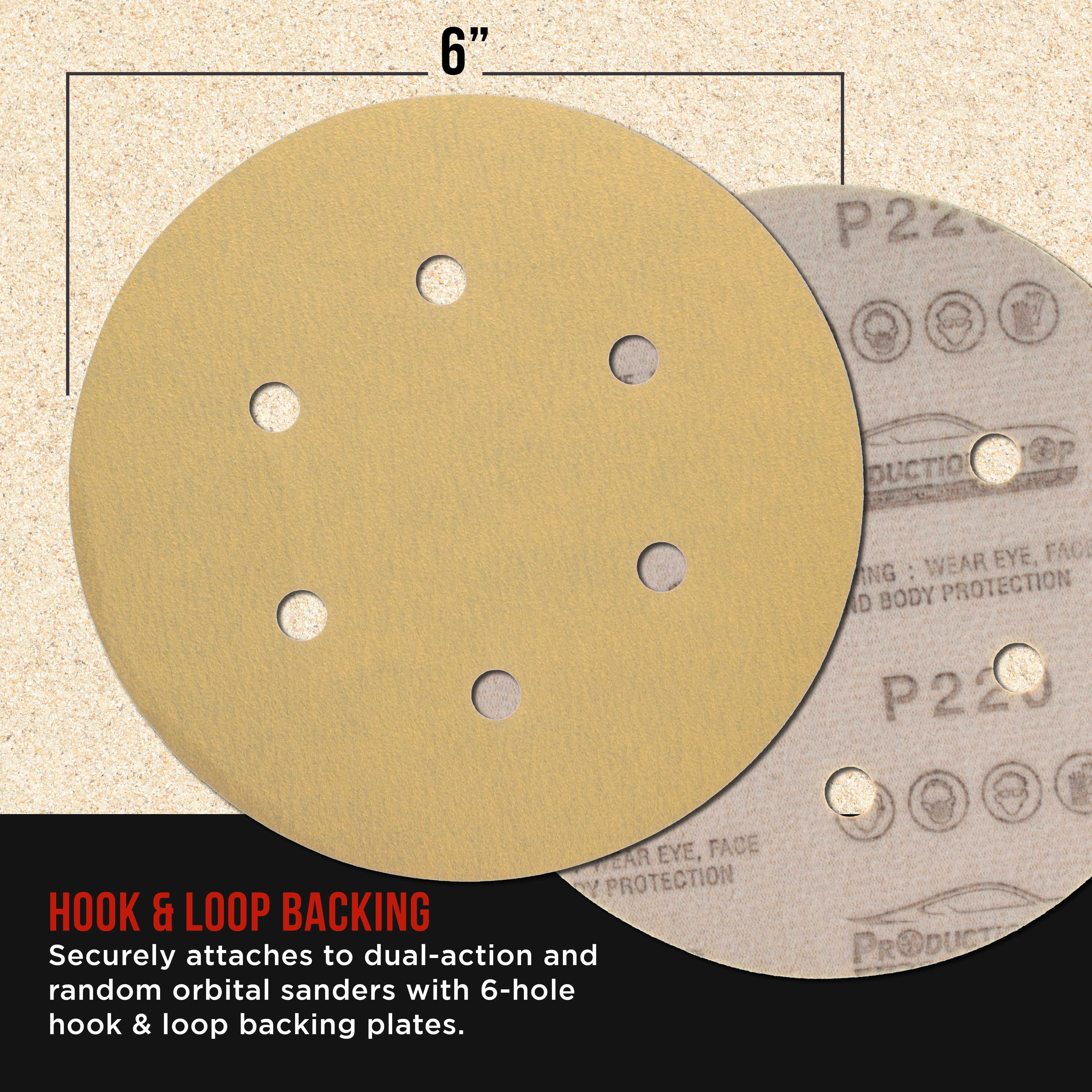 ProductionShop Premium 220 Grit 6" Gold Sanding Discs, 6-Hole Pattern, Box of 100 - Dustless Hook & Loop Backing Sandpaper for DA & Random Orbital Sanders, Sand Auto Paint, Wood Woodworking Furniture