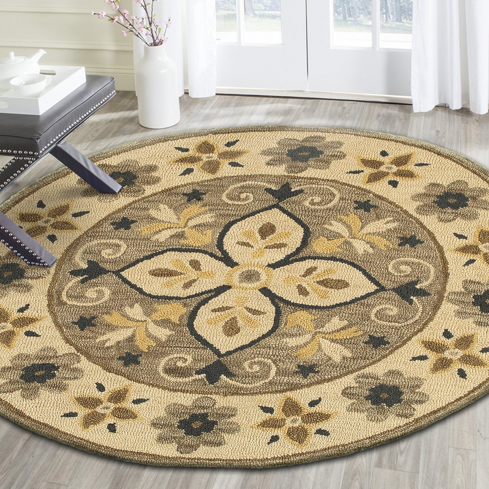 Dazzle Taupe Border Botanic Floral Medallion Indoor Round Rug ( 6 ft x 6 ft )