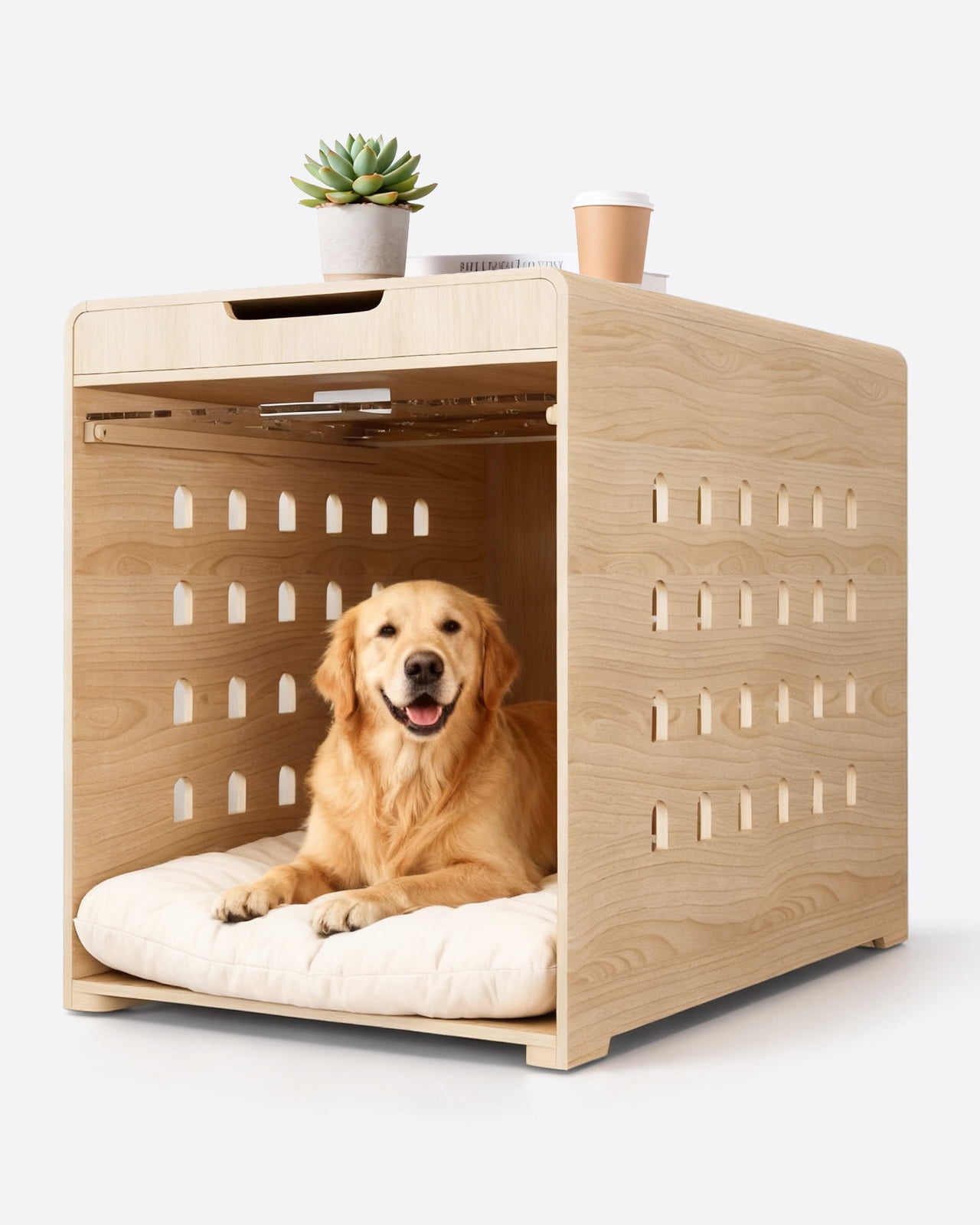 Furnibear Modern Dog Crate Furniture with Charging Station, Multifunctional Side End Table Indoor Kennel with Hidden Door for Small and Medium Dogs Breeds up to 55lb,Oak