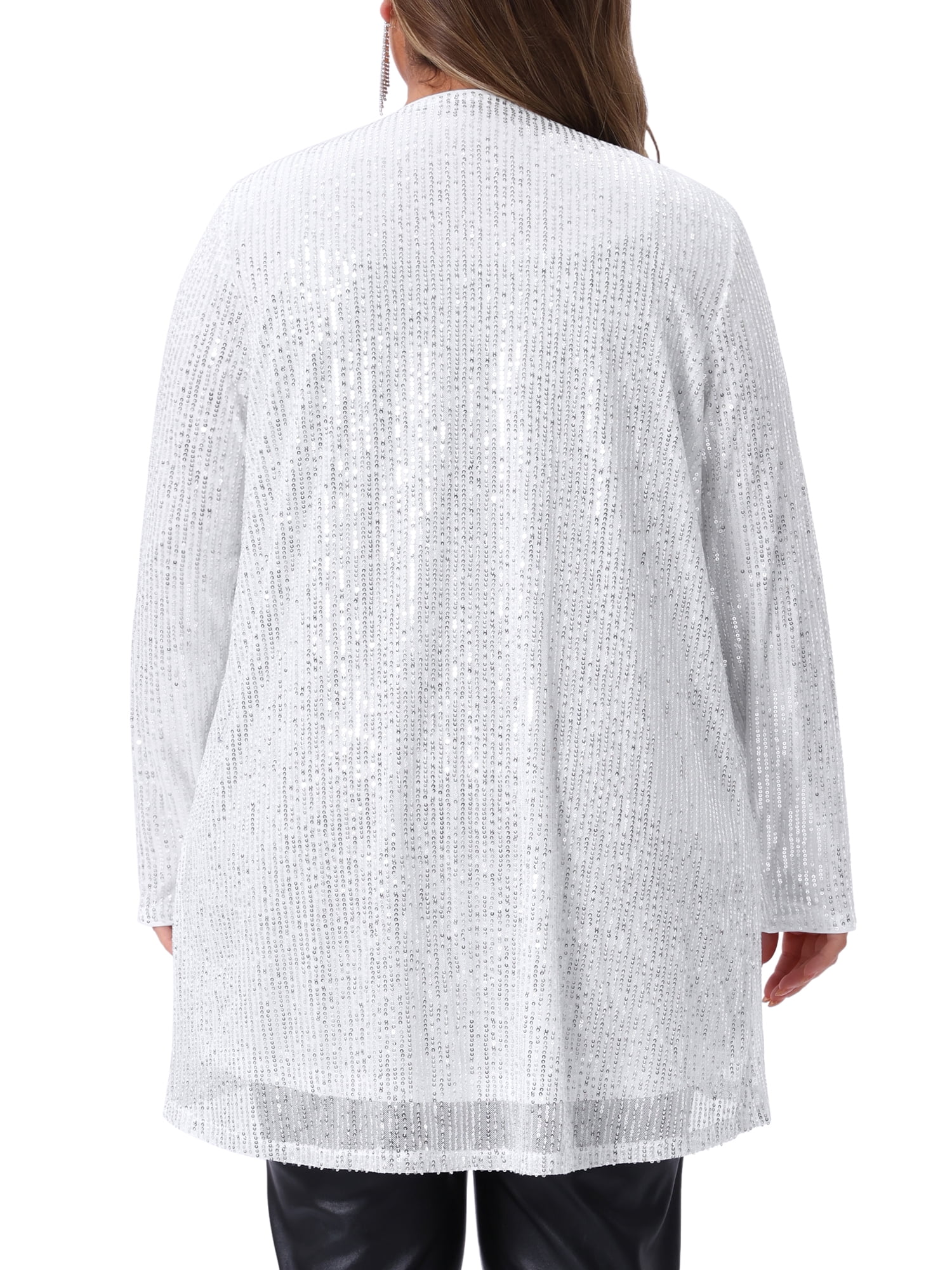 DARING DIVA Women's Plus Sequin Long Sleeve Open Front Outerwear Coat 2X Silver
