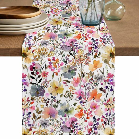 Table Runner 72 Inches Long for Kitchen Dining, Spring Botanical Dresser Scarf Farmhouse, Dining Table Decorations for Wedding/Parties, Watercolor Floral Flowers Country Vintage 14 x 72 In