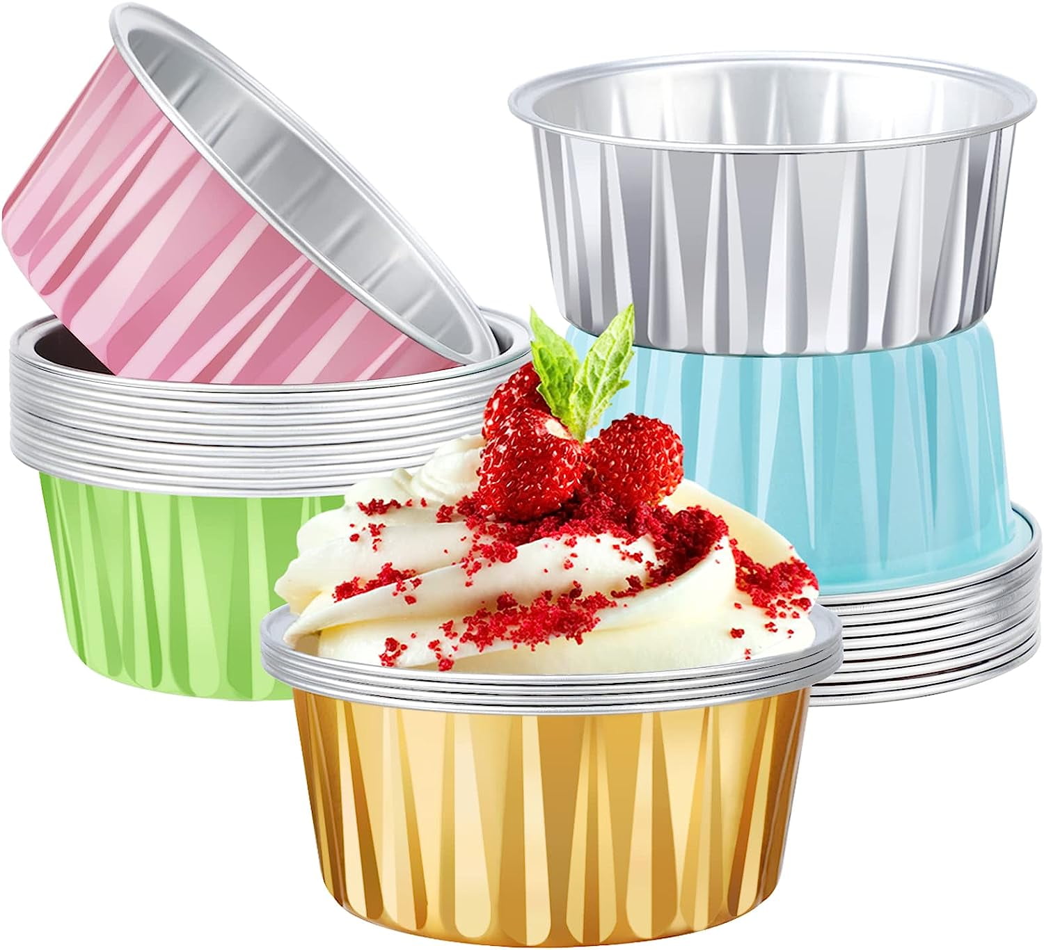 Dessert Cups Aluminum Foil, 25pcs 5oz Disposable Creme Brulee Baking Cups Ramekins, 5 Colors