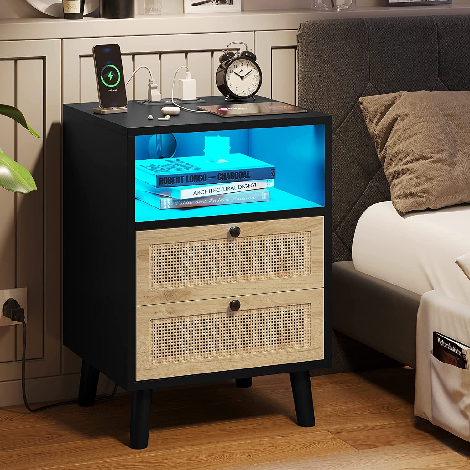 Nightstand End Table with USB Ports & Outlets, LED Night Stand with 2