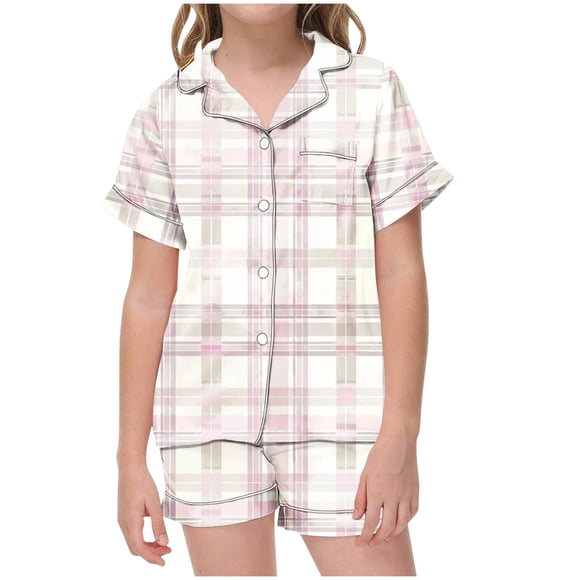 Odeerbi 2-12 Años Niños Niñas Pijama de Verano de Satén Con Solapa de Muesca Camisas de Manga Corta Pantalones Cortos Conjunto Suave Estampado Retro de Cuadros Ropa de Dormir