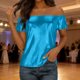 thumbnail image 1 of TaTaai Women's Stretch Knit Rib Top Off-Shoulder Design Short Sleeve Reflective Foil Detail Multi-Color Night Out Party T-Shirt Gift, 1 of 7