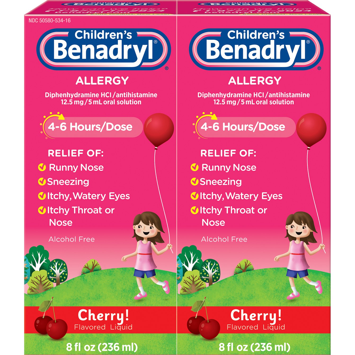 Children's Benadryl Antihistamine Allergy Liquid, Cherry (8 Fluid Ounce, 2 Pack)