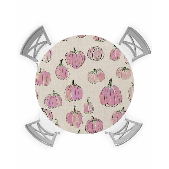 nqOlkjepod Pink Pumpkins Fall Round Tablecloth, Fitted Table Cover with Elastic for 55"-60" Round Tables, Rustic Watercolor Thanksgiving Table Cloth Outdoor Dinning Party Waterproof Tablecloths