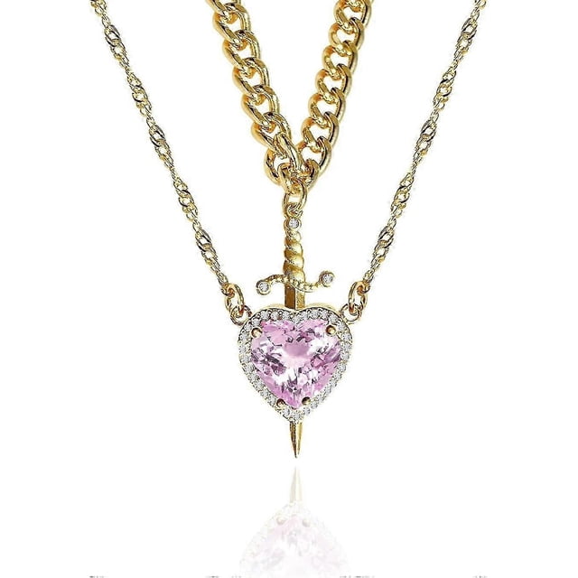 Collar de pareja de corazón y espada de acero inoxidable dorado con cadena de circonitas de corazón rosa, collar de espada a juego de moda con corazón, collares románticos para