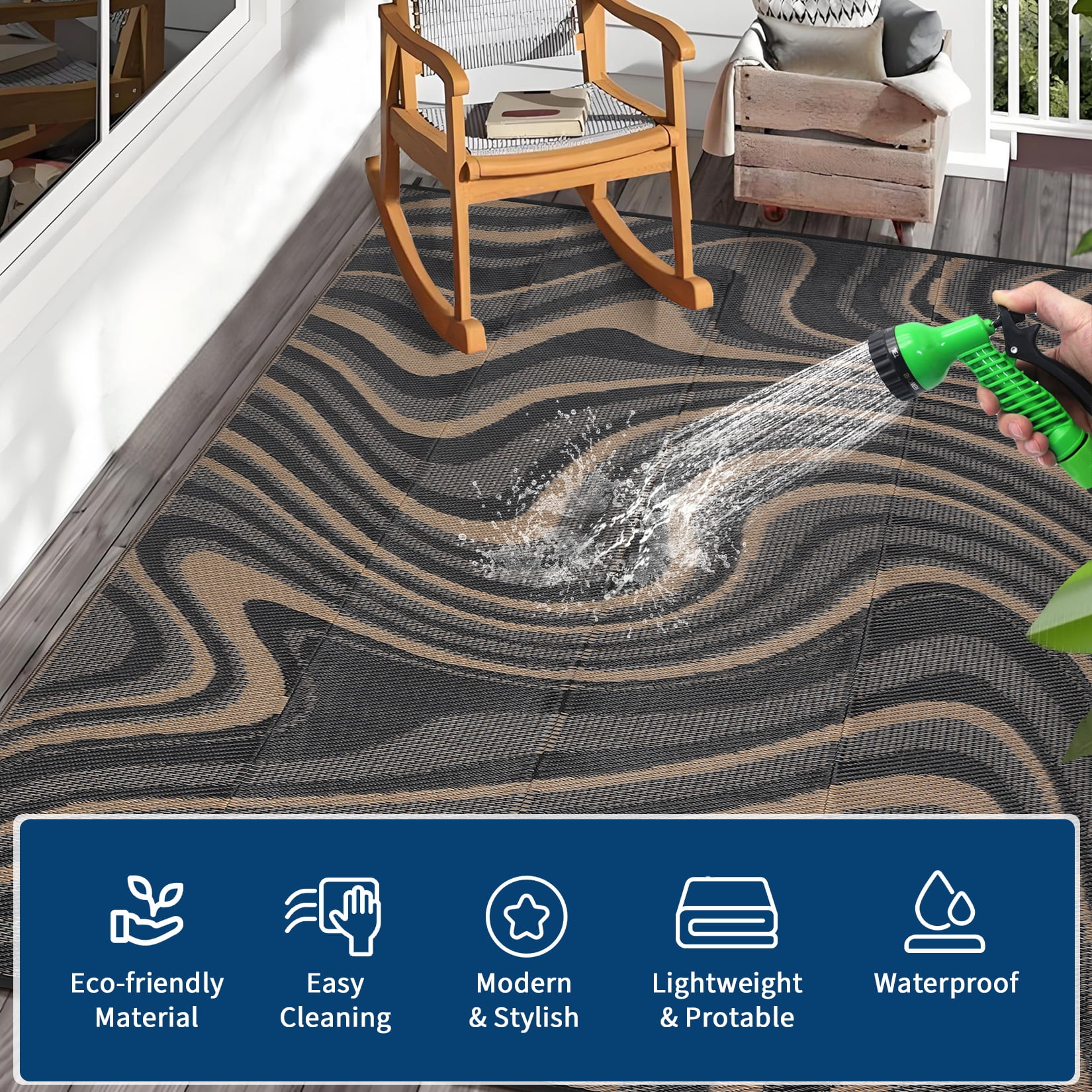 Garvee Outdoor Rug 10'x14' Abstract Plastic Area Rug Waterproof Reversible Outdoor Carpet, Plastic Straw Rug for Patio RV Camping Balcony Deck Backyard, Black