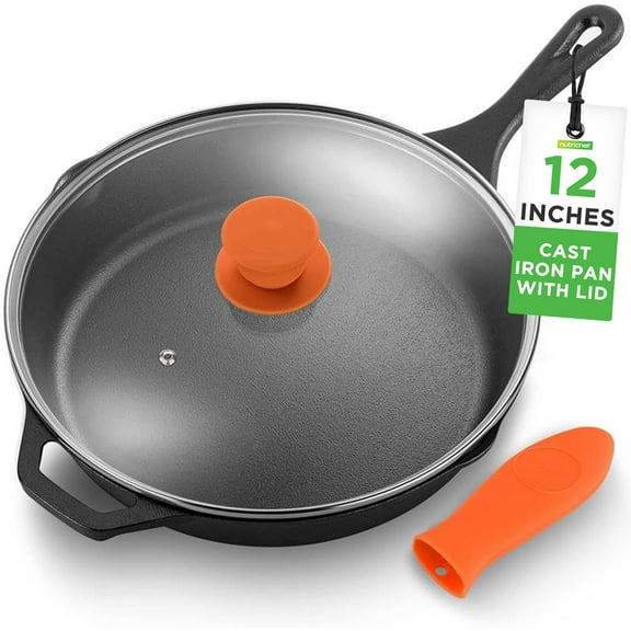 NutriChef 12" Pre Seasoned Nonstick Cast Iron Frying Pan with Lid & Handle Cover