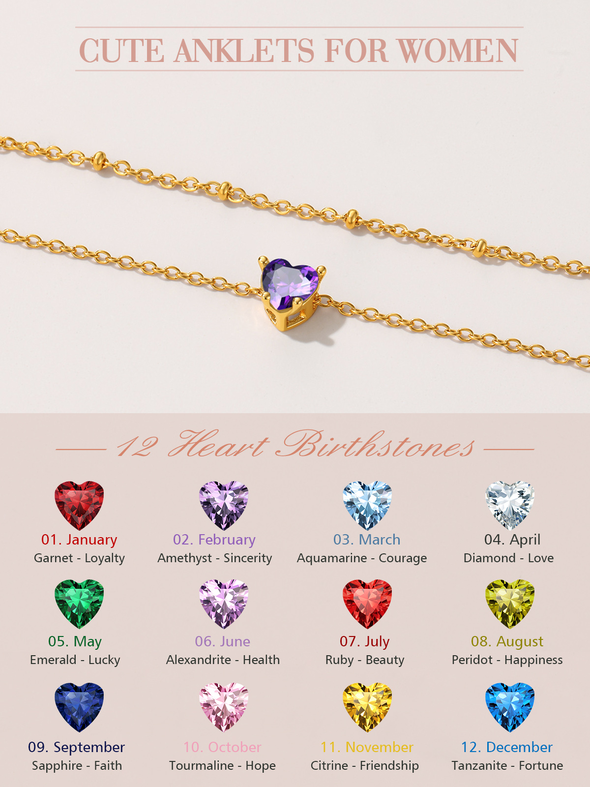 FindChic Heart Birthstone Anklet for Women, Gold Plated photo 7