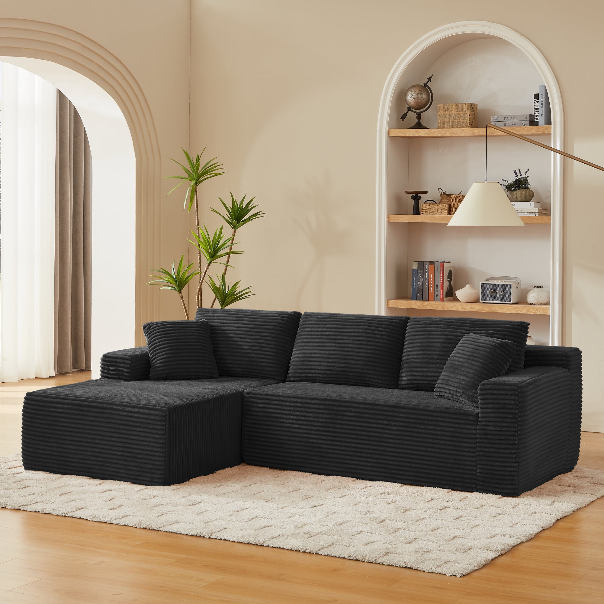 Leumius 103" Cloud Sectional Sofa Couch,3 Seat L-Shaped Couch with Deep Seat,Upholstered Corduroy Cloud Couch for Living Room,No Assembly Required,Black(Left Facing Chaise)