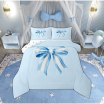 Manfei Stripes Bowknot Kids Queen Comforter Set, Blue Cartoon Bowknot Bedding Sets, Cute Princess Style Reversible Bedding Comforter Set, Lightweight Room Decor, 3pcs