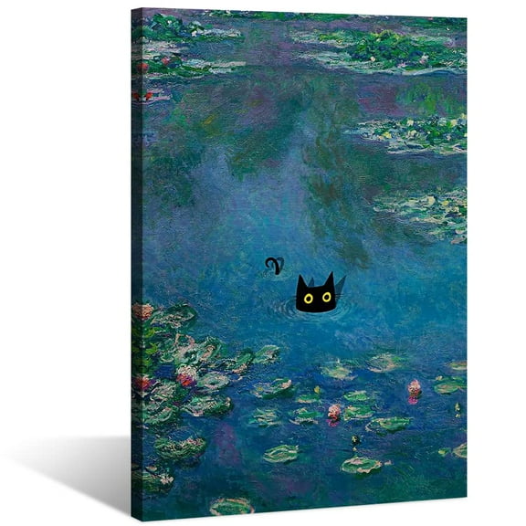 Aaheei Vintage Monet Canvas Wall Art Famous Oil Paintings Monets Water Lillies Black Cat Poster Funny Cat Floral Print Abstract Farmhouse Gallery Aesthetic Room Decor for Bedroom Bathroom