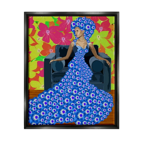 Stupell Industries Woman In Blue Retro Floral Pattern Botanical & Floral Painting Black Floater Framed Art Print Wall Art