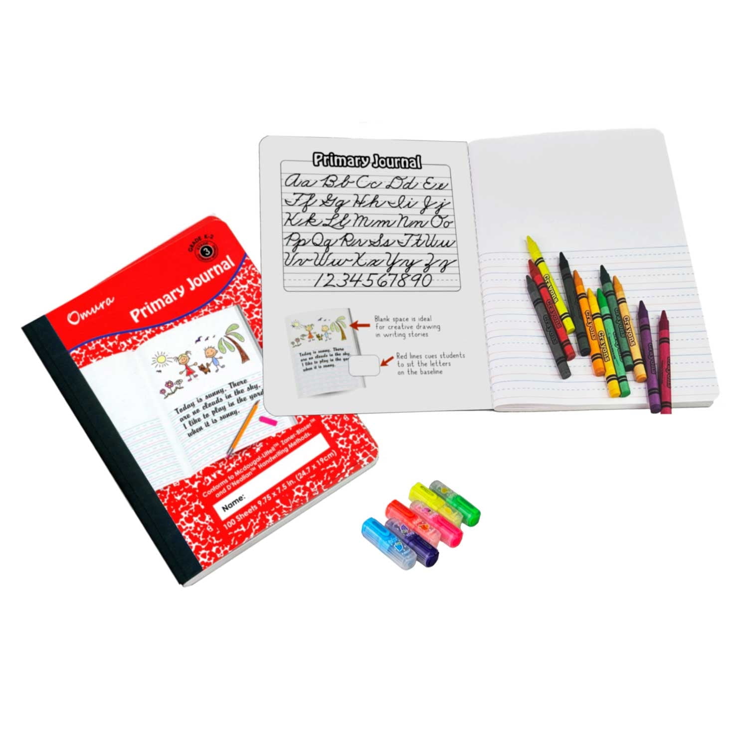 Omura Primary Journal Notebook, Grades K-2, 100 Sheets, Half-Page Ruled Composition