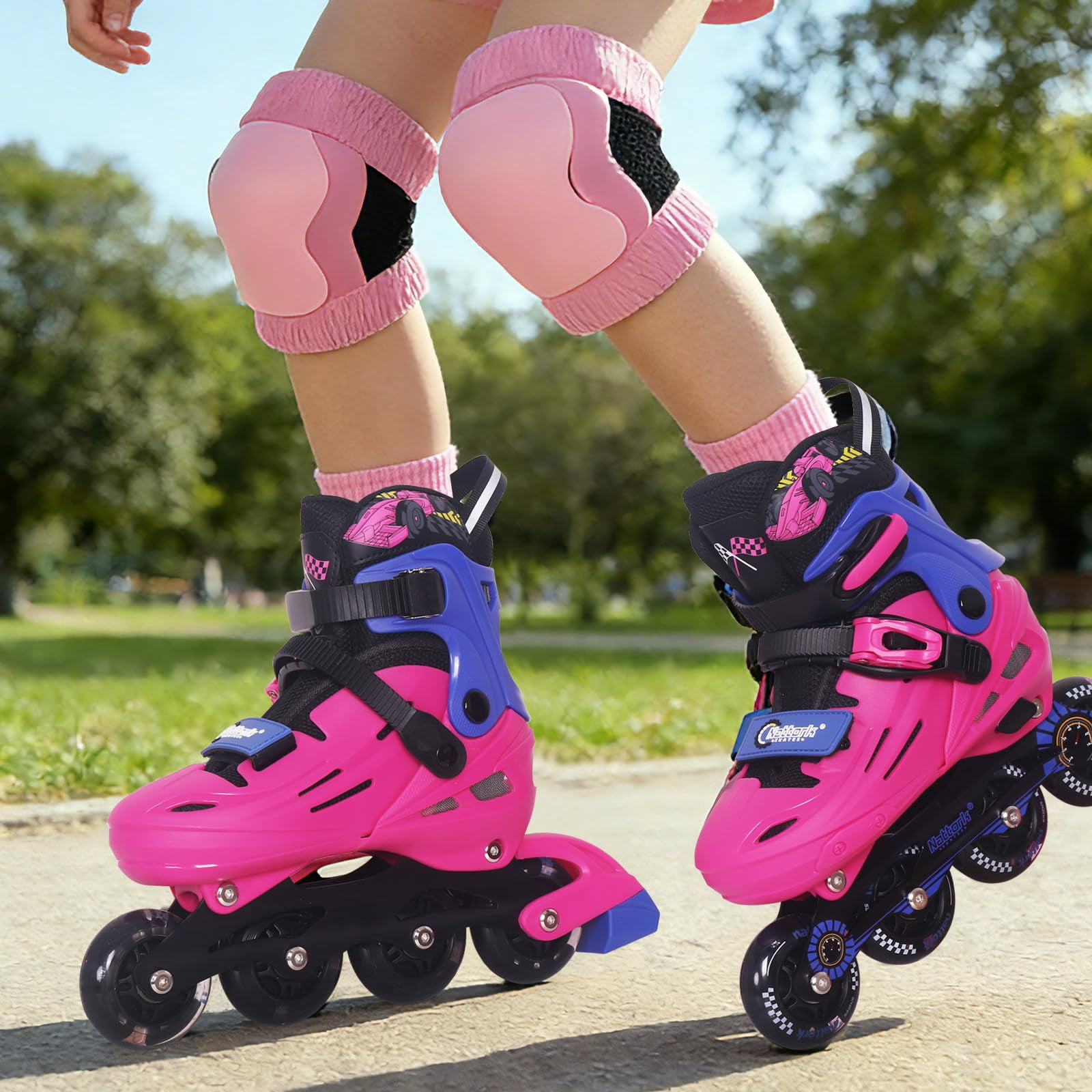 MammyGol Inline Skates for Boys and Girls Youth, 4 Size Adjustable Roller Skates with PU Flashing Whees Inline Skates High Performance for Kids Age 4-8 Rose Blue