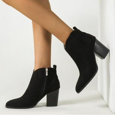 

Hunpta Boots For Women Faux Suede Chunky Heel Short Boots Fashion Solid Color Boots Side Zipper Booties Casual Shoes