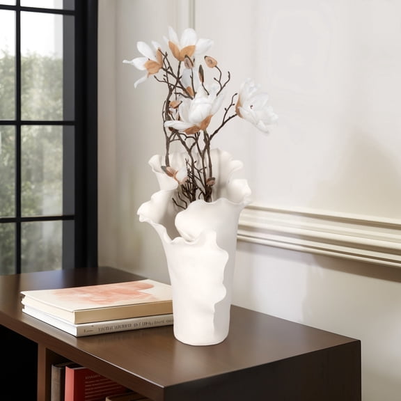 Modern Glam Decorative Vase - Ceramic Ceramic Ruffled Floral Vase for Home, Office & Living Room - Elegant Accent Piece - 15" White