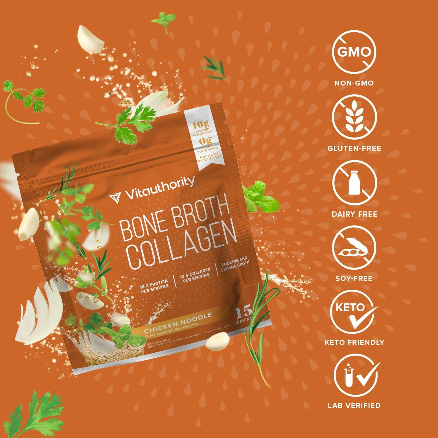 Vitauthority Bone Broth Collagen Protein Powder, 16g Protein Supplement, Chicken Noodle, 15 Servings