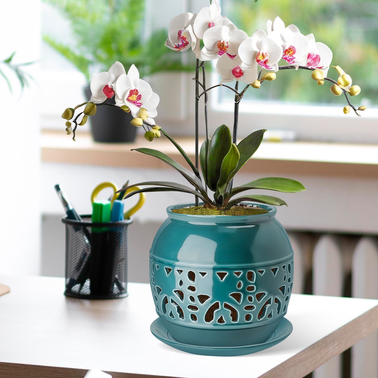 EFISPSSS 6 inch ceramic orchid pot with hole and tray -Peacock Blue