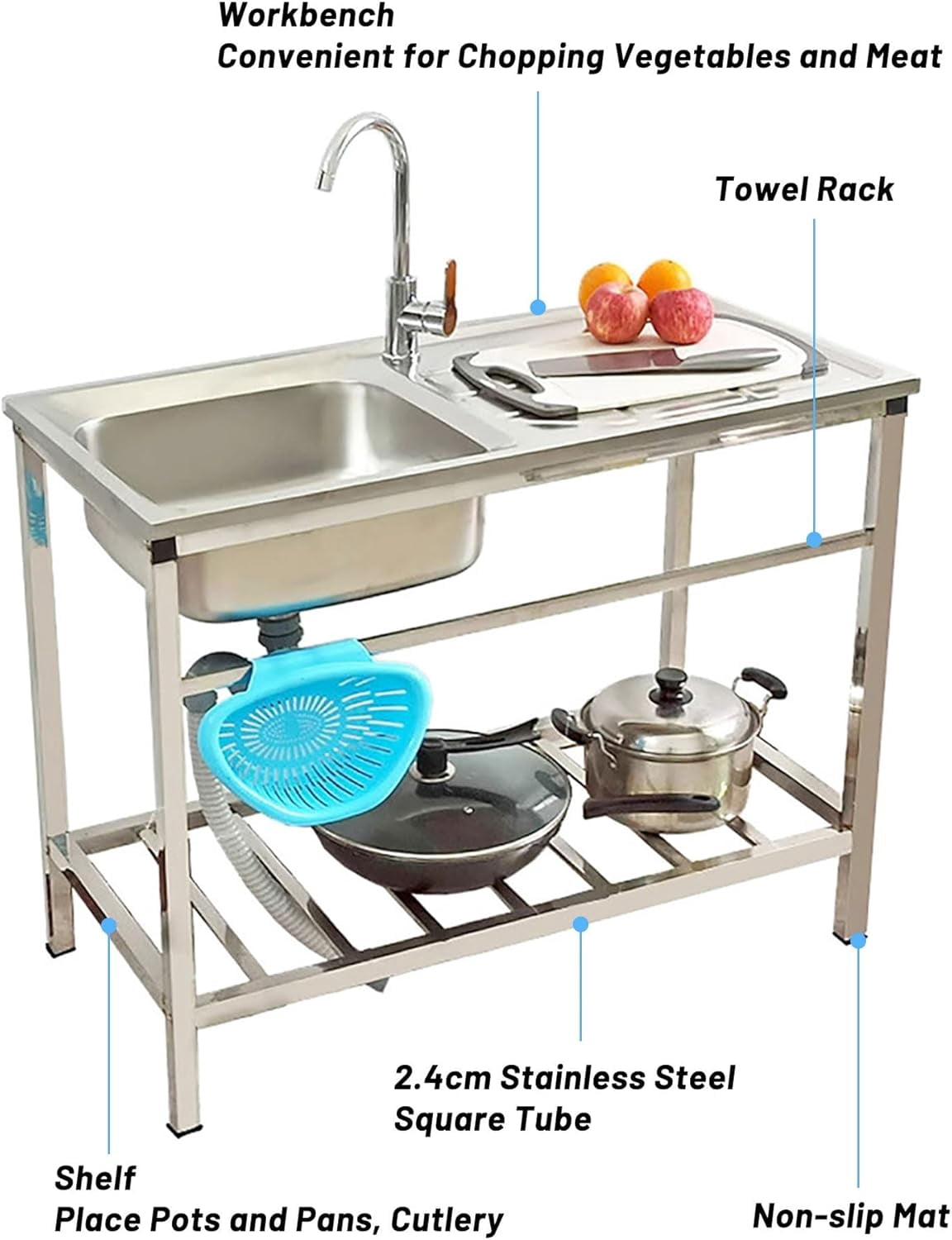 Free Standing Outdoor Sink, Stainless Steel Kitchen Utility Sink Station with Drainboard, Washing Hand Basin Tub Single Bowl Sink for Indoor Outdoor Patio Laundry Room Restaurant Workshop Garages