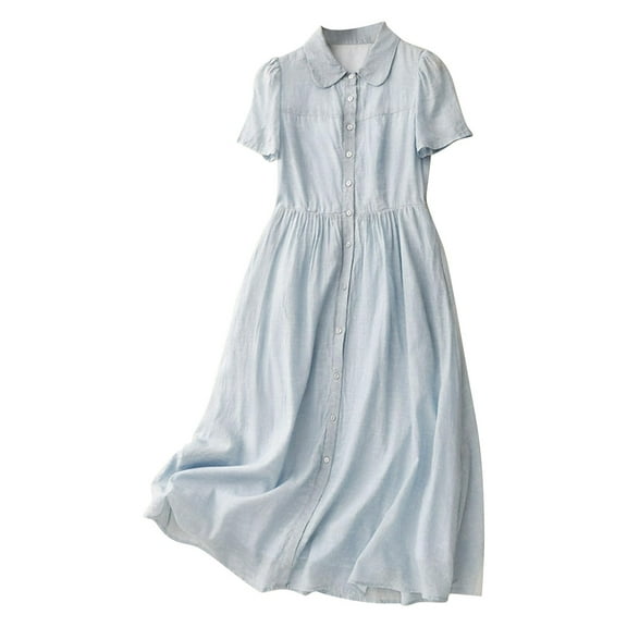 Tumotour Linen Dress For Women Summer Solid Color Elastic Waist Loose Casual Short Sleeve Button Down Flowy Dress